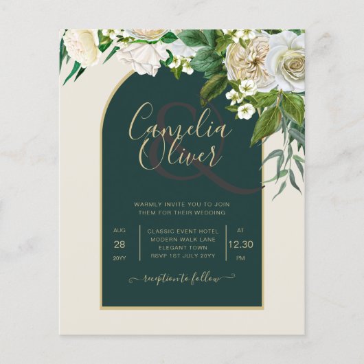 BUDGET White Roses Forest Green Winter Wedding INV Flyer (Vorne)