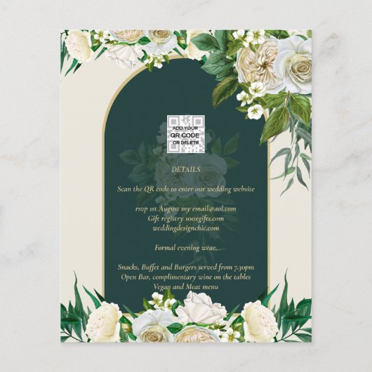 BUDGET White Roses Forest Green Winter Wedding INV Flyer (Hinten)