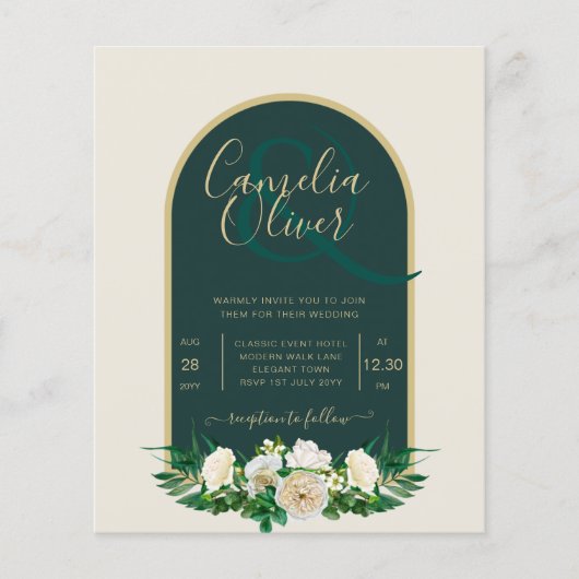 BUDGET White Roses Forest Green Winter Wedding INV Flyer (Vorne)