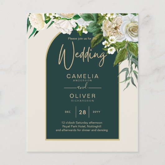 BUDGET White Roses Forest Green Winter Wedding INV Flyer (Vorne)