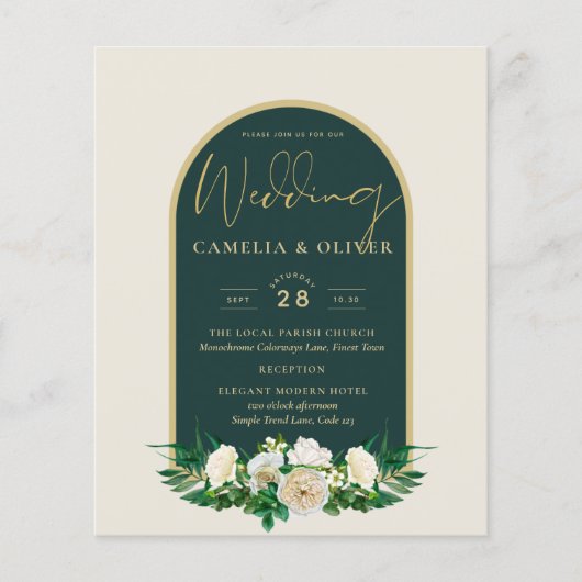 BUDGET White Roses Forest Green Winter Wedding INV Flyer (Vorne)