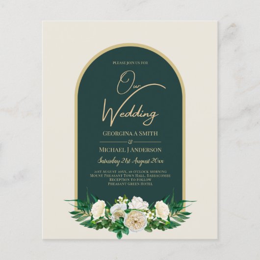 BUDGET White Roses Forest Green Winter Wedding INV Flyer (Vorne)