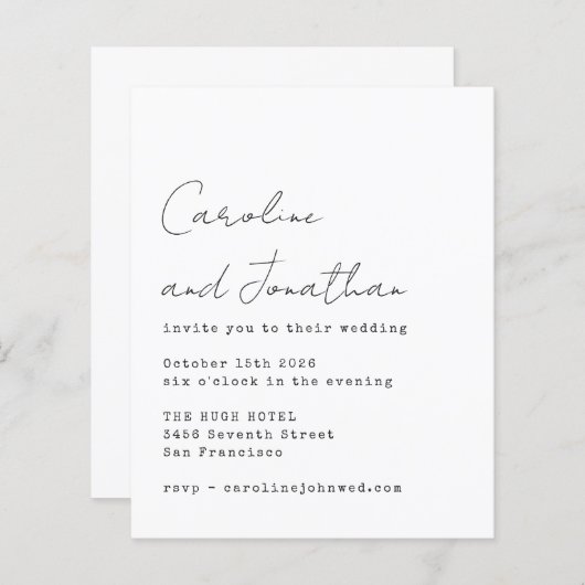Budget White Schreibwriter Script Wedding Einladun (Vorne/Hinten)