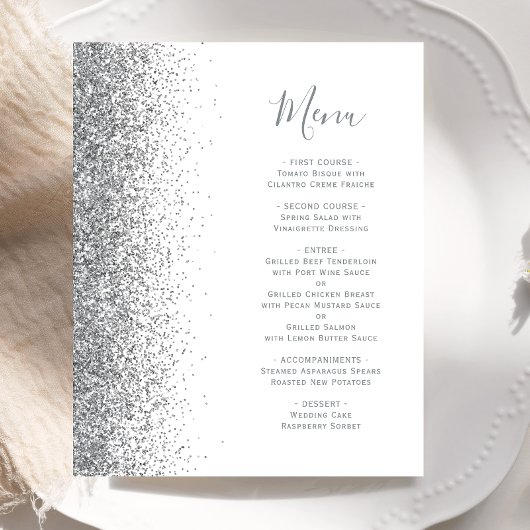 Budget White Silver Glitzer Edge Wedding Menu