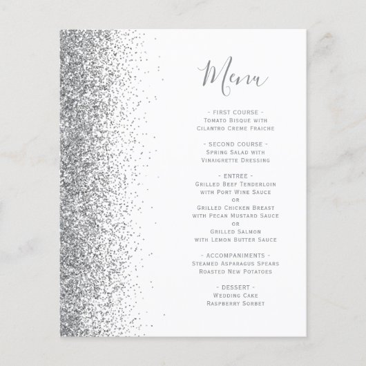 Budget White Silver Glitzer Edge Wedding Menu (Vorderseite)
