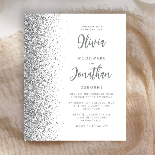 Budget White Silver Glitzer Script Einladung