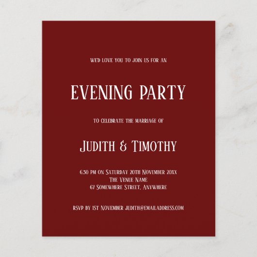 Budget White Text Burgundy Abend Party Einladung (Vorderseite)