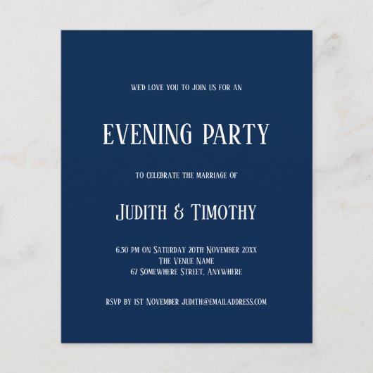 Budget White Text Navy Blue Abend Party Einladung (Vorderseite)