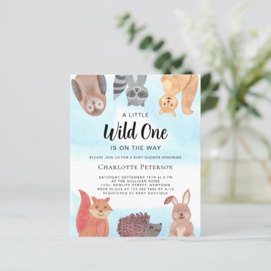 Budget Wild One Animals Baby Shower Einladung (Stehend Vorderseite)