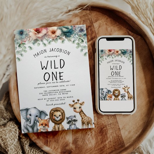 Budget Wild One Safari Animals Boy Birthday Party Einladung