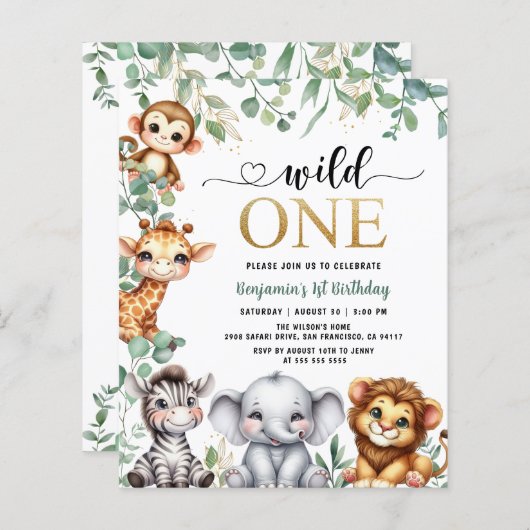 Budget Wild One Safari Tiere Einladung zum 1. Gebu (Vorne/Hinten)