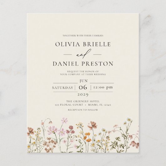 Budget Wildblume Beige All in One QR Code Wedding Flyer (Vorne)