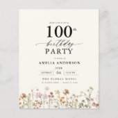 Budget Wildblume Floral 100. Geburtstag Einladung (Vorderseite)