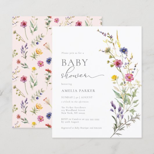 Budget Wildblume Kinderdusche Einladung (Vorne/Hinten)