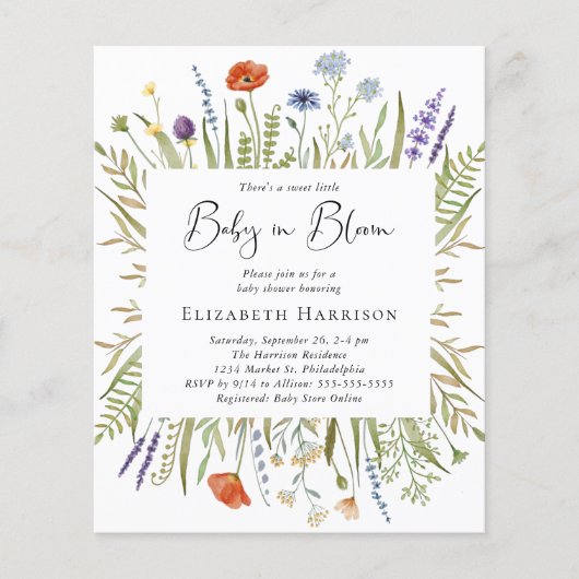 Budget Wildblume Kinderdusche Einladung (Vorderseite)