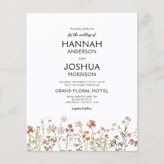 Budget Wildblume Rustic Boho Hochzeit Einladung (Vorderseite)