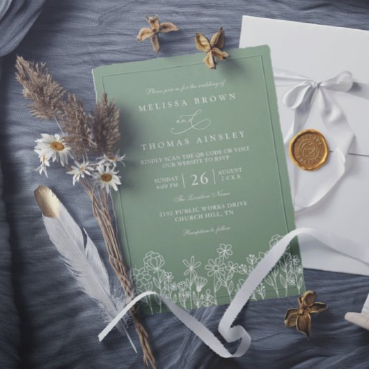 Budget-Wildblumen-Boho-Sage-Grün-QR-Code-Hochzeit Einladung