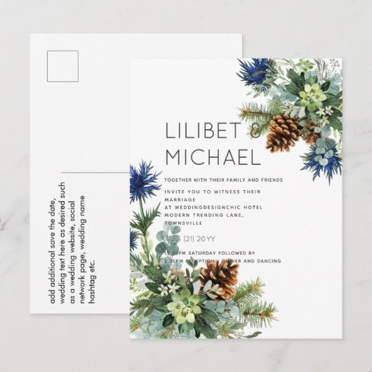 BUDGET Winter Blue Thistle Eukalyptus Wedding Postkarte (Vorne/Hinten)