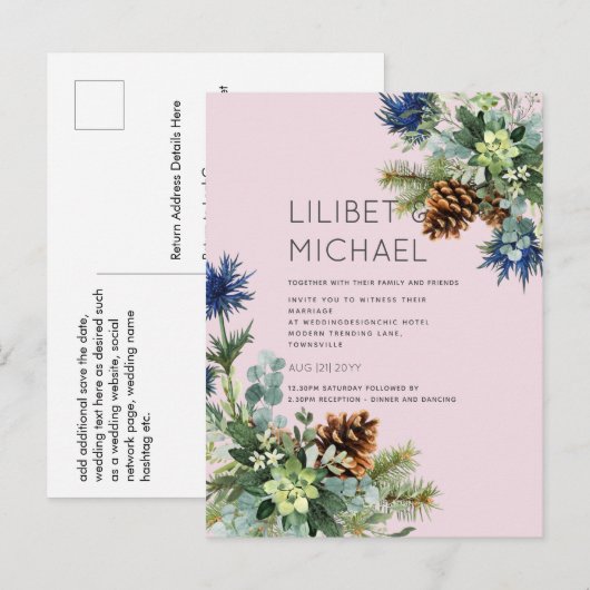 BUDGET Winter Blue Thistle Wedding Postkarte (Vorne/Hinten)