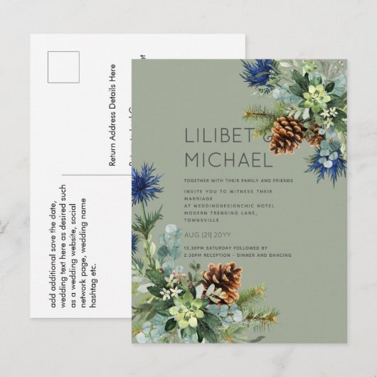 BUDGET Winter Blue Thistle Wedding Postkarte (Vorne/Hinten)