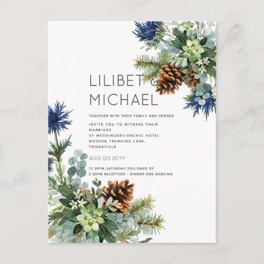BUDGET Winter Blue Thistle Wedding Postkarte (Vorderseite)