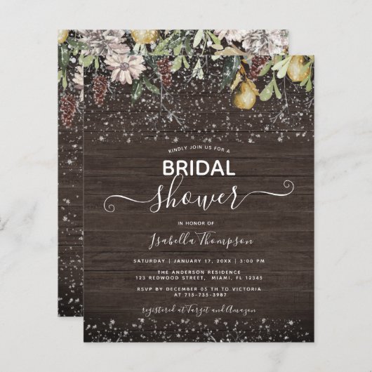 Budget Winter Brautdusche aus Holz Einladung (Vorne/Hinten)