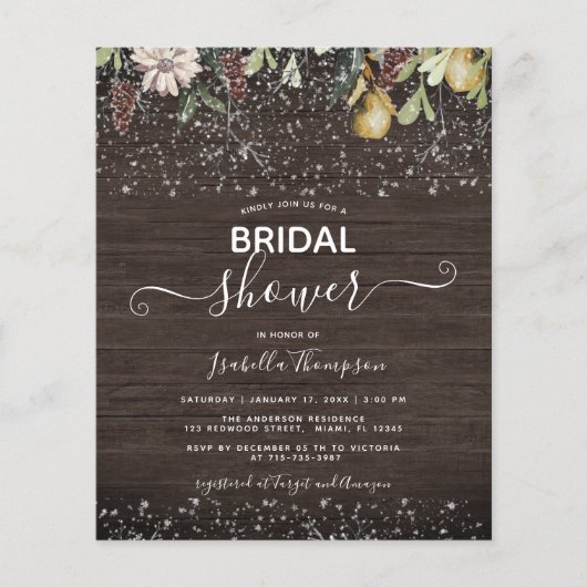 Budget Winter Brautdusche aus Holz Einladung (Vorderseite)