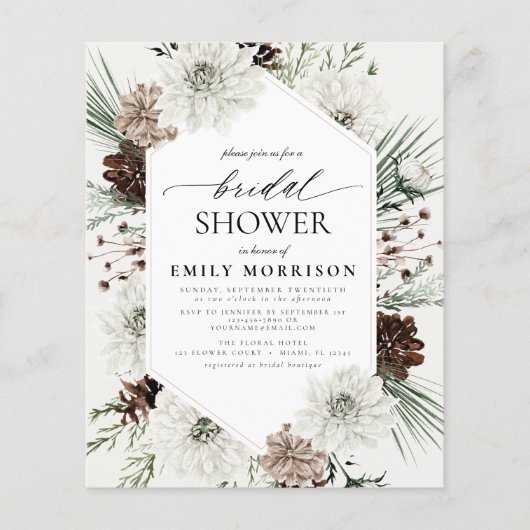 Budget Winter Evergreen Bridal Dusche Einladung (Vorderseite)