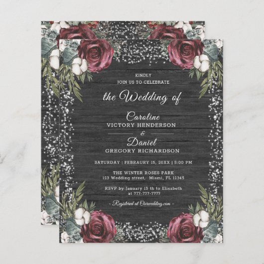 Budget Winter Floral Burgundy Wedding Flyer (Vorne/Hinten)