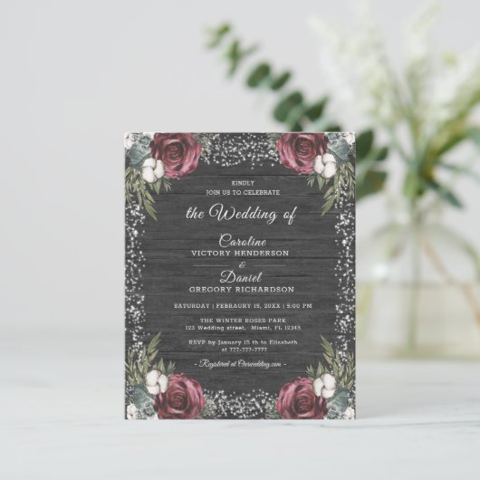 Budget Winter Floral Burgundy Wedding Flyer (Stehend Vorderseite)