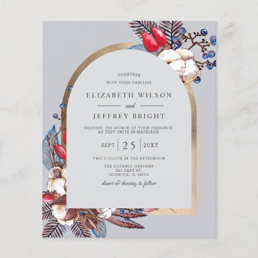 Budget Winter Florals Arched Wedding Einladung (Vorderseite)