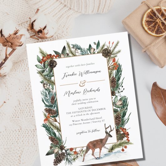 Budget Winter Greenery Pine Cone Wedding Einladung