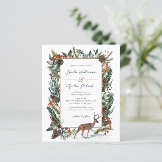 Budget Winter Greenery Pine Cone Wedding Einladung (Stehend Vorderseite)