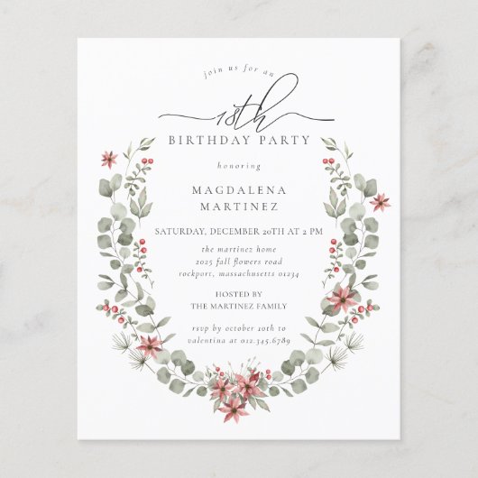 Budget Winter Greenery Red Floral 18. Geburtstag (Vorderseite)