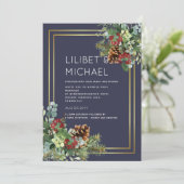 BUDGET Winter Red Berries Pine Cones Wedding Einladung (Stehend Vorderseite)