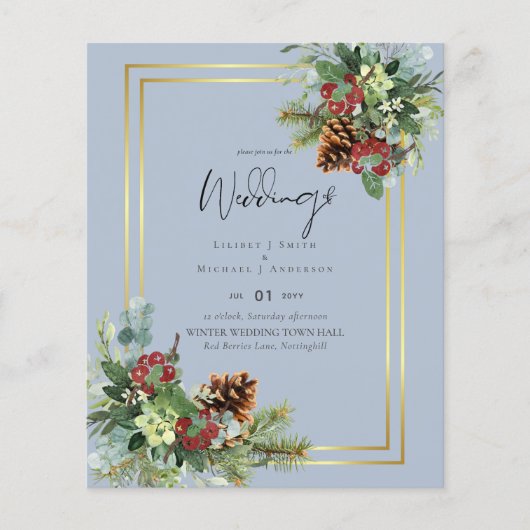 BUDGET Winter Red Berries Pine Cones Wedding Flyer (Vorne)