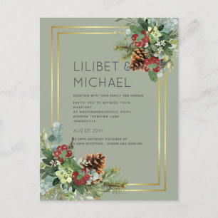 BUDGET Winter Red Berries Pine Cones Wedding Postkarte