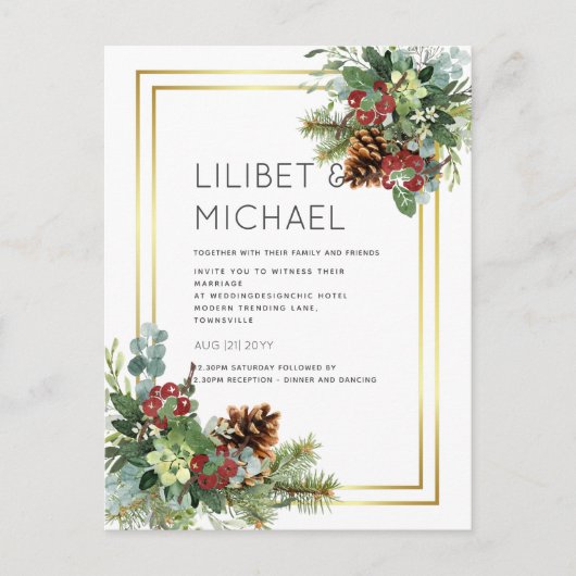 BUDGET Winter Red Berries Pine Cones Wedding Postkarte (Vorderseite)