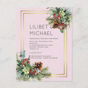 BUDGET Winter Red Berries Pine Cones Wedding Postkarte