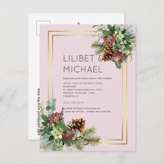 BUDGET Winter Red Berries Pine Cones Wedding Postkarte (Vorne/Hinten)