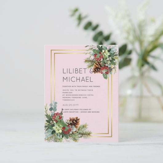 BUDGET Winter Red Berries Pine Cones Wedding Postkarte (Stehend Vorderseite)