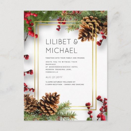 BUDGET Winter Red Berries Pine Cones Wedding Postkarte (Vorderseite)