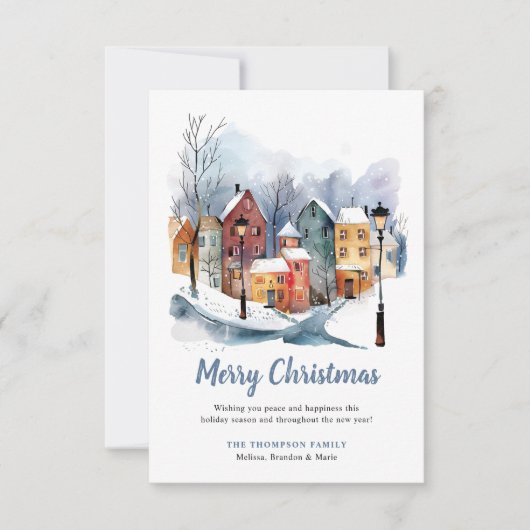 BUDGET Winter Watercolor Houses Blue Christmas Mitteilungskarte (Vorderseite)
