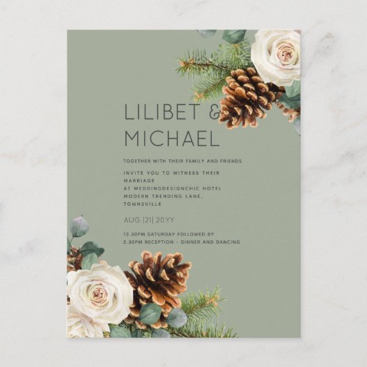 BUDGET Winter Wedding Eukalyptus Grüne Rose Postkarte (Vorderseite)