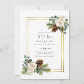 BUDGET Winter Wedding White Roses Gold Dusty Blue Einladung (Vorderseite)