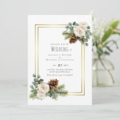 BUDGET Winter Wedding White Roses Gold Dusty Blue Einladung (Stehend Vorderseite)