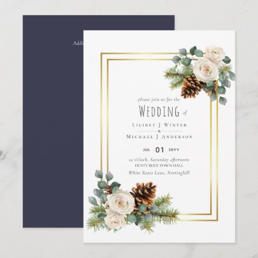 BUDGET Winter Wedding White Roses Gold Dusty Blue Einladung (Vorne/Hinten)