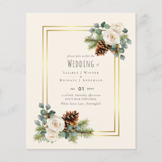 BUDGET Winter Wedding White Roses Gold Dusty Blue Flyer (Vorne)
