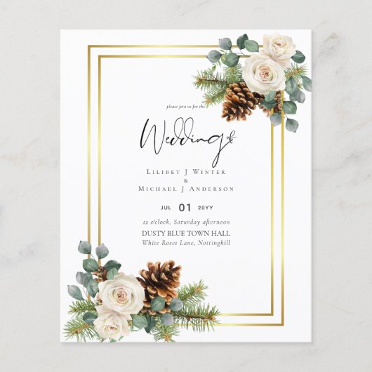 BUDGET Winter Wedding White Roses Gold Dusty Blue Flyer (Vorne)
