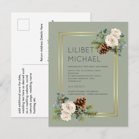 BUDGET Winter Wedding White Roses Gold Dusty Blue Postkarte (Vorne/Hinten)